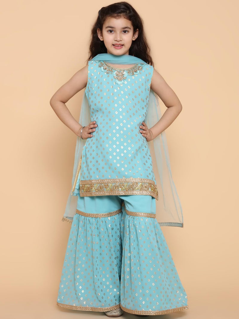 Adiva Kids Georgette Sleeveless Turquoise Kurta Sharara Set for Girls - Ethnic Wear | Festival Wear - Foil Printed Pattern, Regular Fit - Image 2