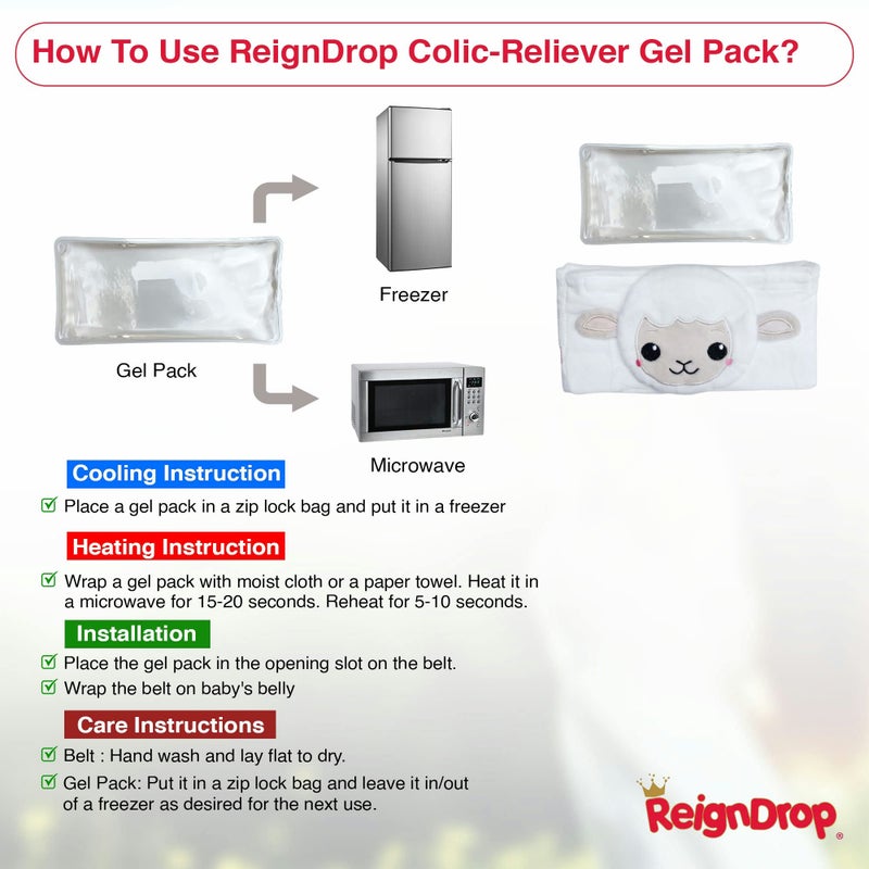 ReignDrop مجموعة راين دروب لتخفيف المغص للمواليد الجدد - مجموعة تخفيف الغازات مع حزام البطن، حزمة هلامية، حقيبة تخزين - حزام بطن دافئ أو بارد مهدئ (حزمة هلامية على شكل خروف) - Image 4