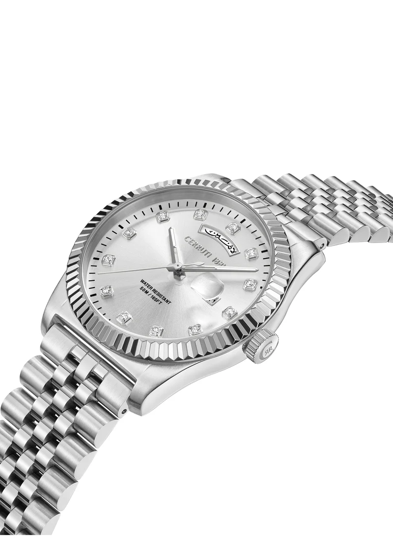 شيروتي 1881 Cerruti 1881 Chienti Analog Women's Watch - Silver Sunray Dial, Swarovski Crystal Markers, Arabic date and day