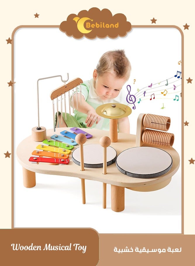 بيبي لاند لعبة طاولة موسيقية متعددة الوظائف للتعليم المبكر، طاولة موسيقية خشبية، طقم طبول للأطفال الصغار، لعبة موسيقية 7 في 1 للأطفال، مجموعة ألعاب إيقاع محمولة للصغار، ترفيه موسيقي تعليمي لفصل الشتاء - Image 1