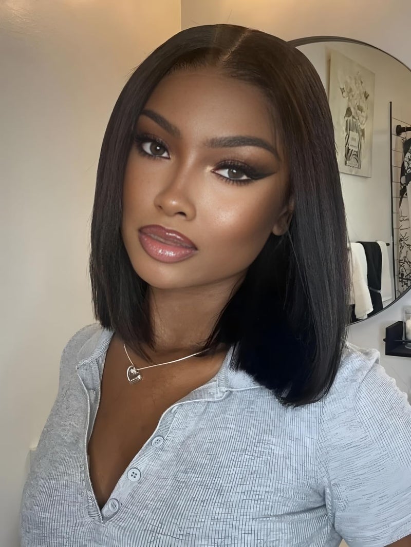 ISEE Hair M Cap 9x6 Bob Wig Human Hair Glueless Wigs Pre Plucked Pre Cut HD Lace Front Glueless Wigs Human Hair 180% Density Short Straight Bob Wigs for Black Women (Yaki Straight, 10 Inch) - Image 2