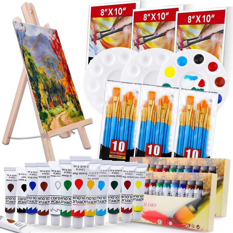 ESRICH Acrylic Paint SetPainting Supplies with 2 PCS of 12 Colors Acrylic Paint1 Easel 3 Canvas 30 Paintbrushes and 3 Palettes Paint Kit for KidsStudents Artists and Beginner