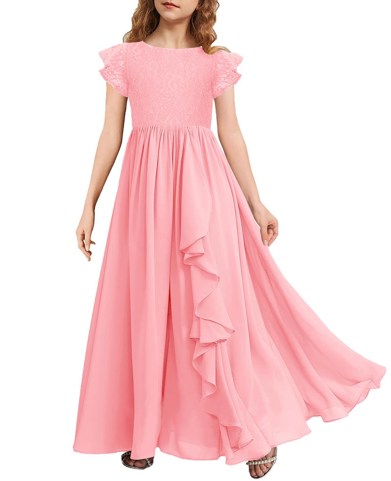 MITILLY Girls Lace Flower Maxi Dress Ruffle Sleeve ALine Flowy Junior Bridesmaid Chiffon Dresses for Wedding Party 10 Years Pink