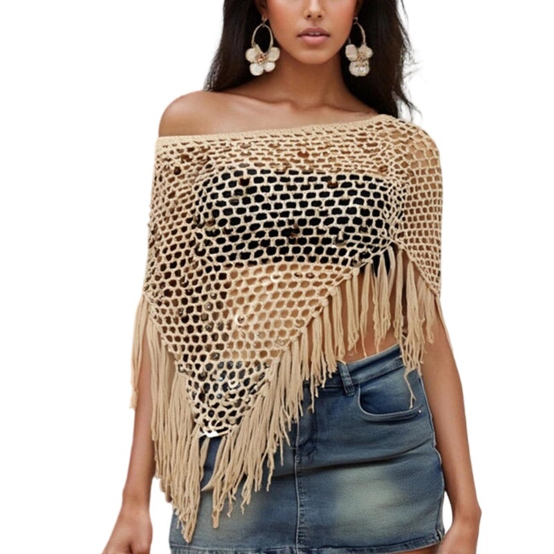 Argeousgor Women Sheer Poncho Top Lightweight Knit Crochet Shrug Bolero Mesh Batwing Sleeve Sweater Cover Up Beachwear - Image 1