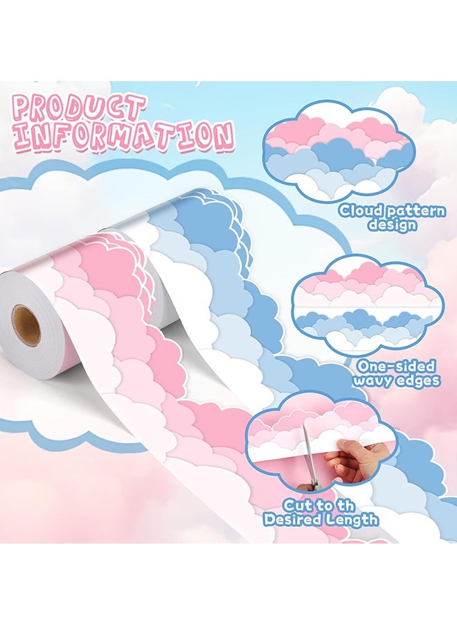 Wffo 2 Rolls（10M）Bulletin Board Borders - Classroom Border - Ocean Blue and Pink Clouds Die-Cut Border Trims Bulletin Board Scalloped Borders for School Classroom Blackboard Office Wall Window Party Decor (Clouds)Material - Made of high-quality paper, thick and durable, lightweight and long-lasting. No glue needed, clear printed patterns, resistant to damage and fading. Rolls are compact, convenient for long-term storage. - Image 3