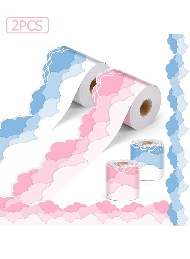 Wffo 2 Rolls（10M）Bulletin Board Borders - Classroom Border - Ocean Blue and Pink Clouds Die-Cut Border Trims Bulletin Board Scalloped Borders for School Classroom Blackboard Office Wall Window Party Decor (Clouds)Material - Made of high-quality paper, thick and durable, lightweight and long-lasting. No glue needed, clear printed patterns, resistant to damage and fading. Rolls are compact, convenient for long-term storage. - Image 1