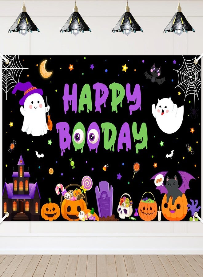 Lecheme Halloween Birthday Backdrop 6x3.6 ft Happy Booday Backdrop Pumpkin Ghost Halloween 1st Birthday Banner Photo Background Happy Boo Day Party Decorations - Image 1