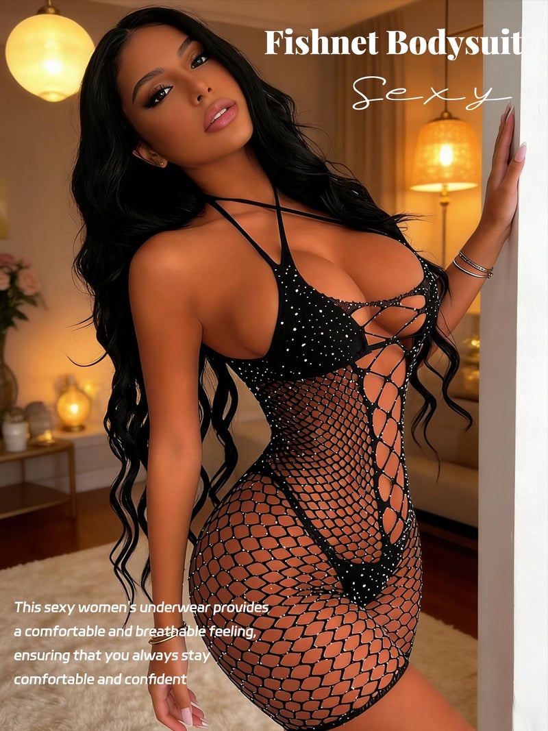 Buitifo Woman Sexy Lingerie Bodysuit Bodys Stocking Rhinestone Fishnet Tights Rave Outfits(Black2,M) - Image 2
