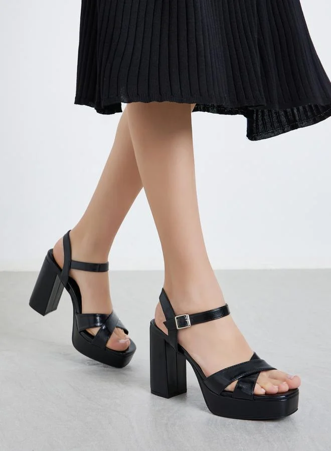 Styli Buckle Cross Strap Block Heel Sandals