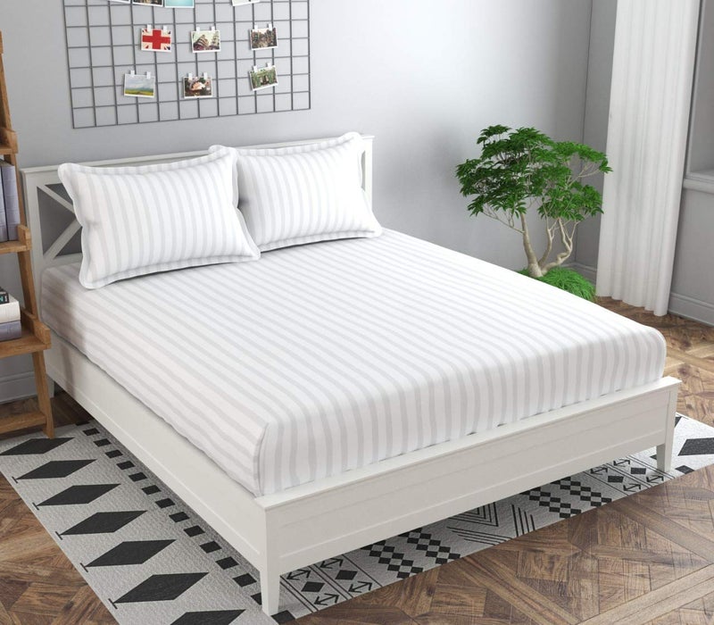 Decoholic 210 TC Glace Cotton Satin Stripes Plain Bed Sheet for Double Bed King Size with Two Pillow Covers for Home-Hotels (90x100 Inch) (White) - Image 5