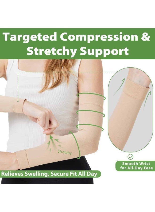 AZMARO 2PCS Medical Compression Arm Sleeves, Lymphedema & Arm Swelling Relief, Slimming Arm Shaper for Sagging Arms, Post-Surgery Recovery & Fitness Toning, 80% Nylon 20% Spandex, Free Size (Nude) - Image 2