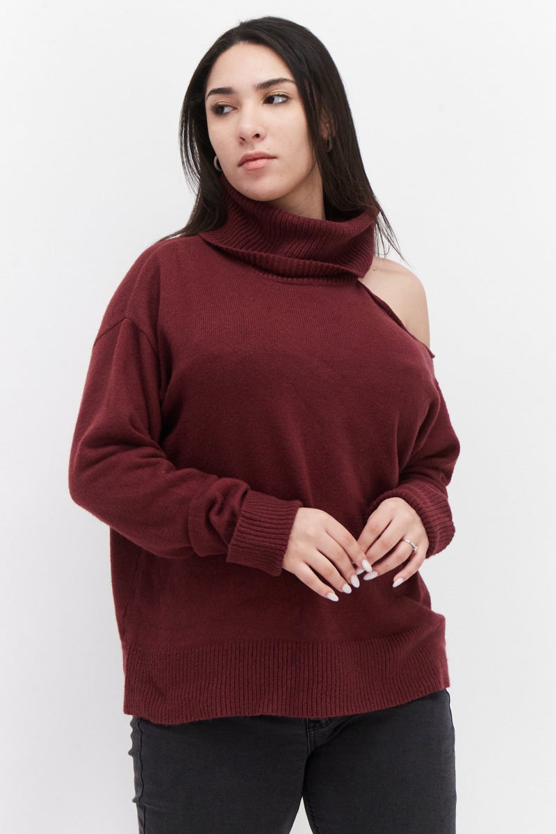 1 State Women Turtle Neck Knitted Sweater, Maroon - Image 1