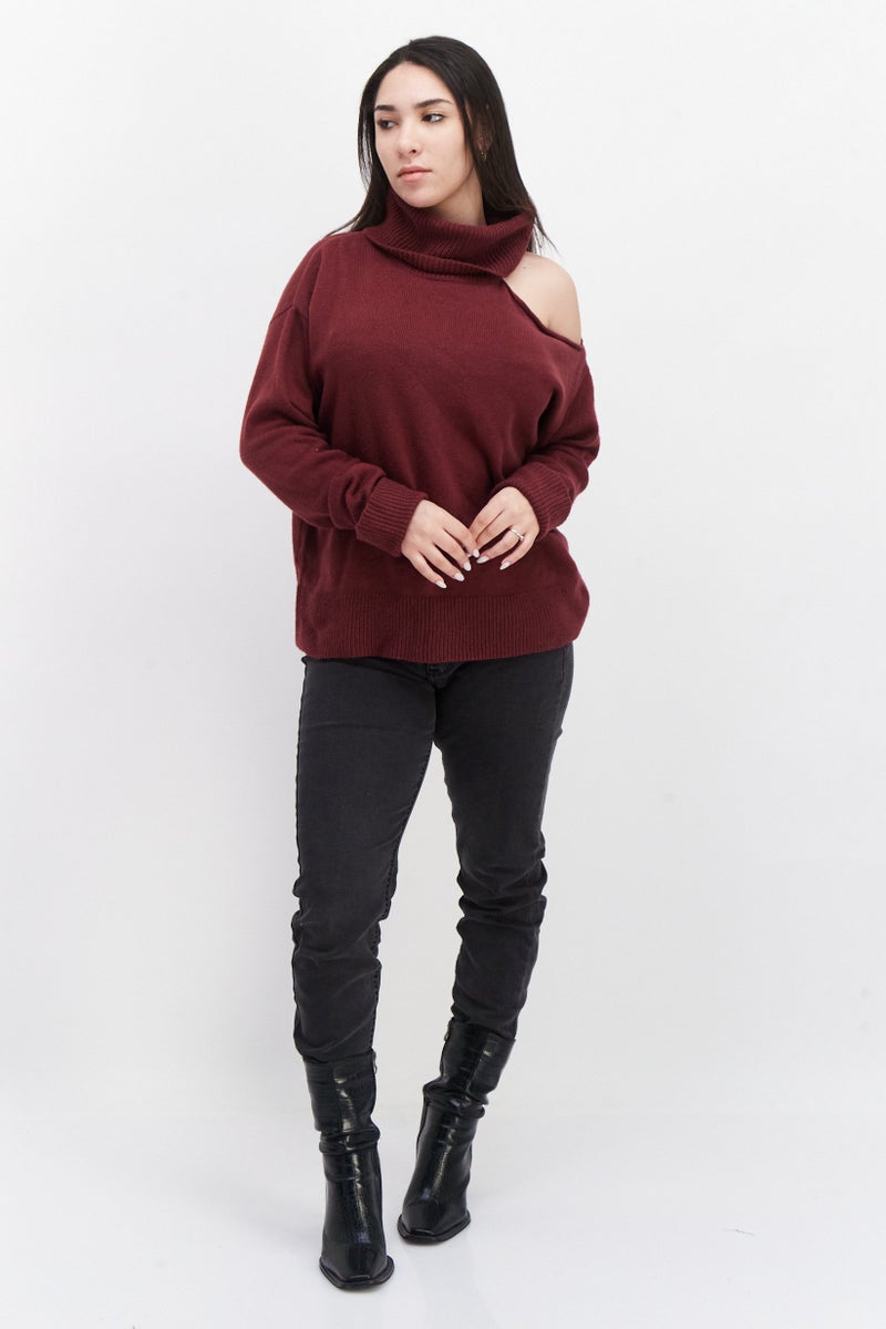 1 State Women Turtle Neck Knitted Sweater, Maroon - Image 3