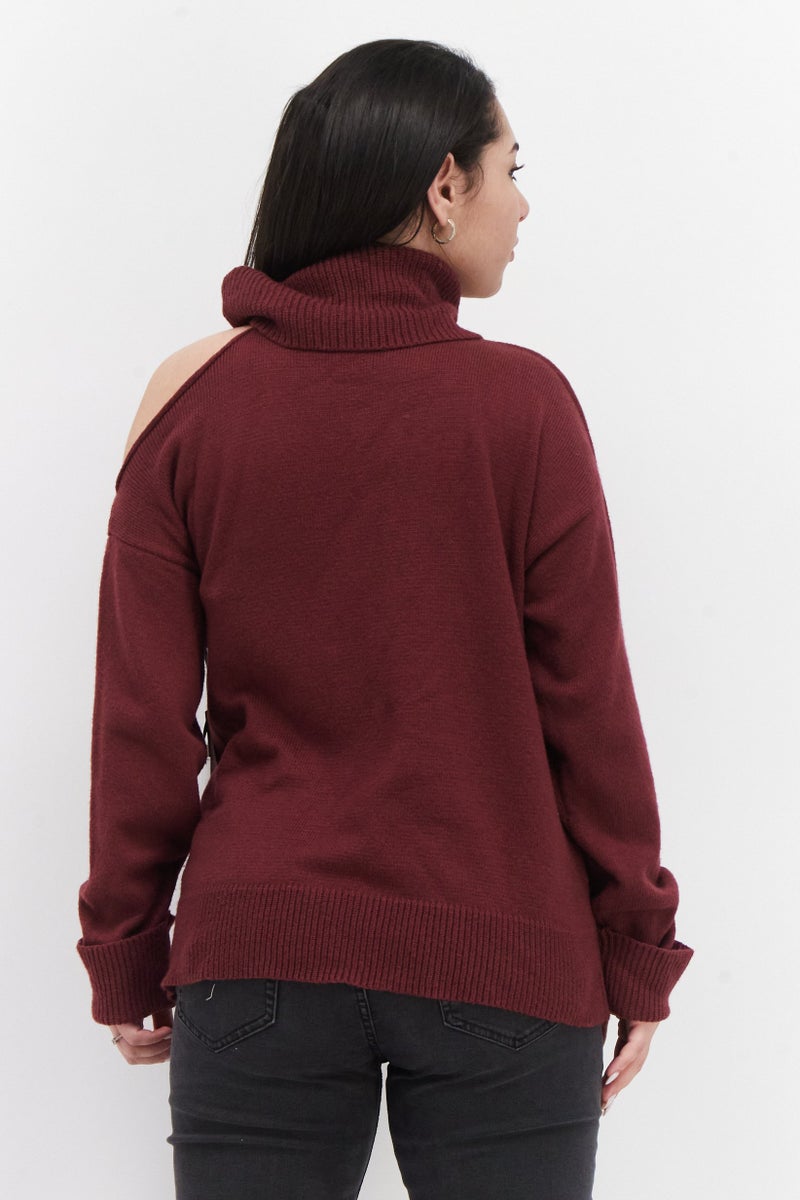 1 State Women Turtle Neck Knitted Sweater, Maroon - Image 2