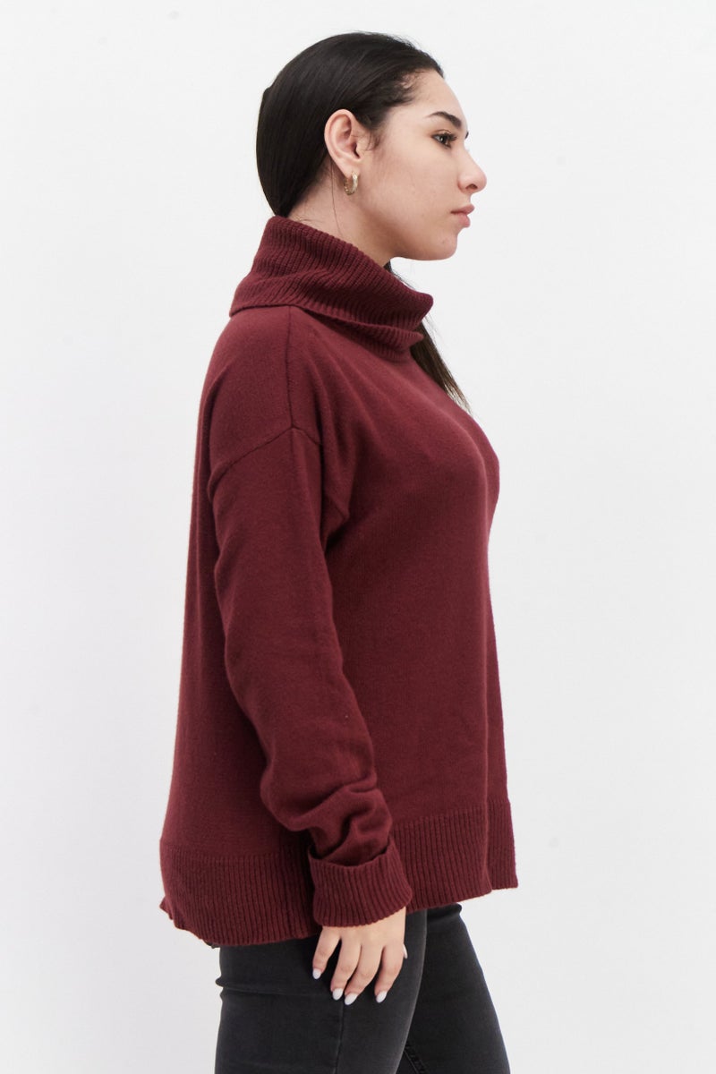 1 State Women Turtle Neck Knitted Sweater, Maroon - Image 4
