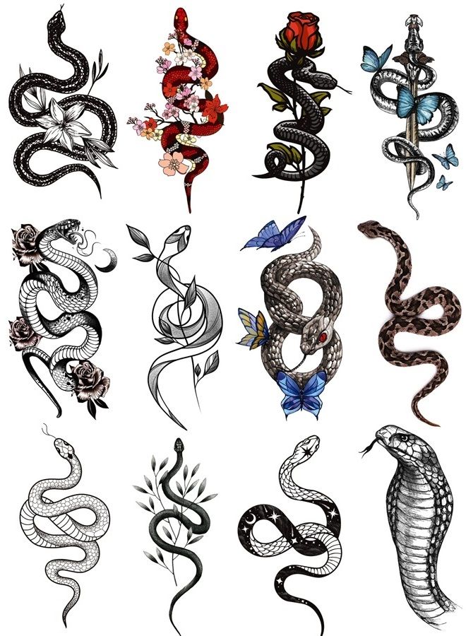 12 Sheets Snake Serpent Realistic Fake Tattoos That Look Real and Last Long, Adult Tattoos Temporary Tattoos for Men Women, Waterproof Tattoo Temparytattos Body Tattoos