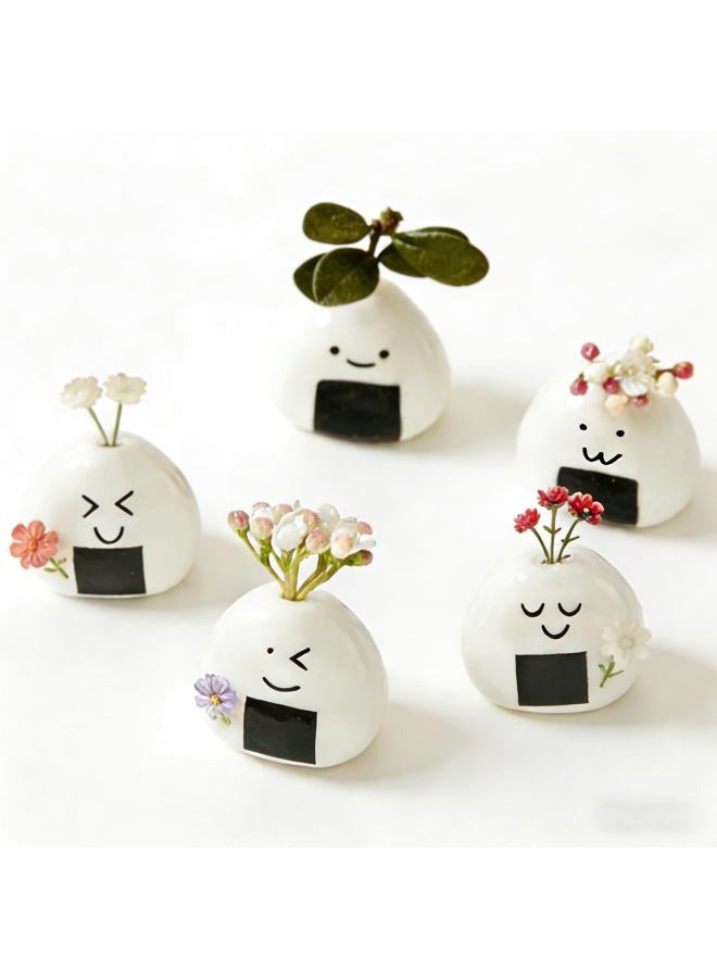YIASSON 5 PCS Ceramic Mini Flower Vase, Handmade Japanese Onigiri Rice Ball Vases for Dry Flowers, Cute Emoji Bud Vases for Room Table Decoration, Unique Japanese Craft Decor - Image 1
