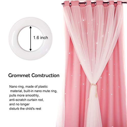 UNISTAR 2 Panels Stars Blackout and Sheer Curtains for Bedroom Girls Kids Baby Room, Double Layer Star Cut Out Living Room Window Curtain, W34 x L63 Inch Length, Pink - Image 5