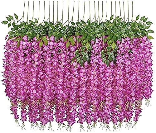 Bianco 12 Pack 3.6 Feet Artificial Fake Wisteria Vine Ratta Hanging Garland Silk Flowers String Home Party Wedding Decor (Pack of 12, Dark Pink) - Image 1