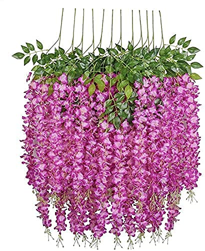 Bianco 12 Pack 3.6 Feet Artificial Fake Wisteria Vine Ratta Hanging Garland Silk Flowers String Home Party Wedding Decor (Pack of 12, Dark Pink) - Image 4