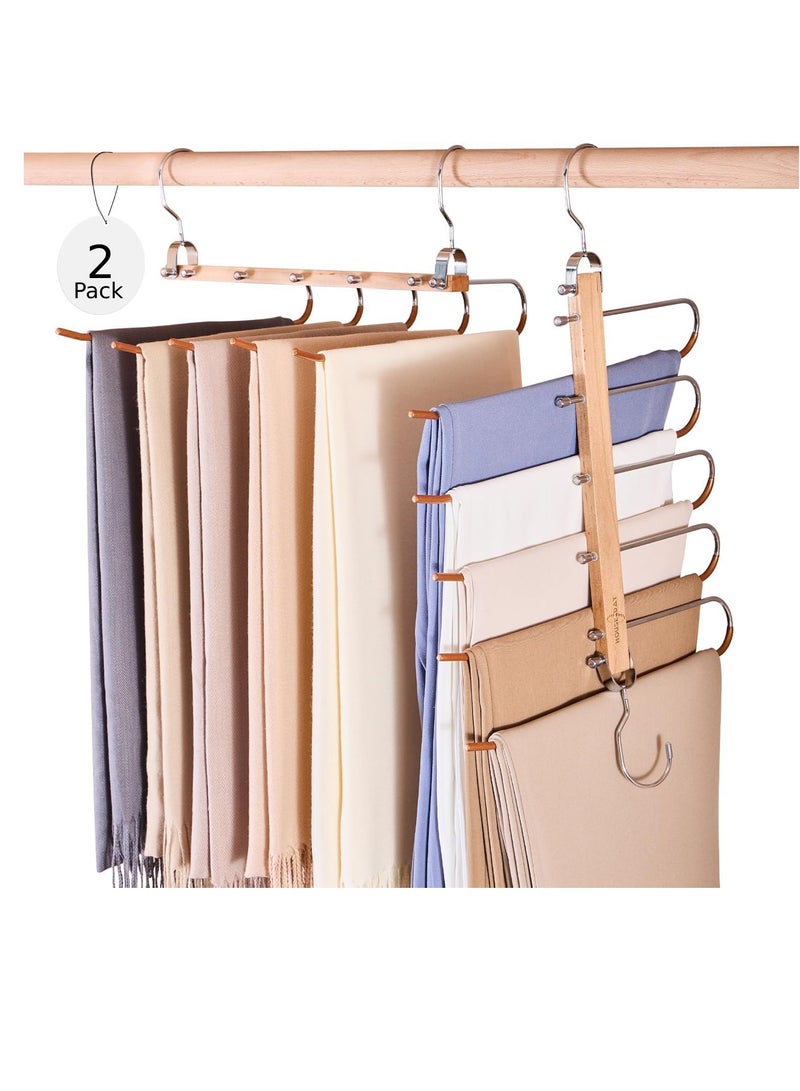 HOUSE DAY مجموعة 2 من شماعات السراويل الطبيعية من هاوس داي، شماعات خشبية للسراويل، توفير المساحة، شماعات متعددة الوظائف للسراويل، منظم سراويل متعدد الاستخدامات لتوفير المساحة في الخزانة. - Image 1