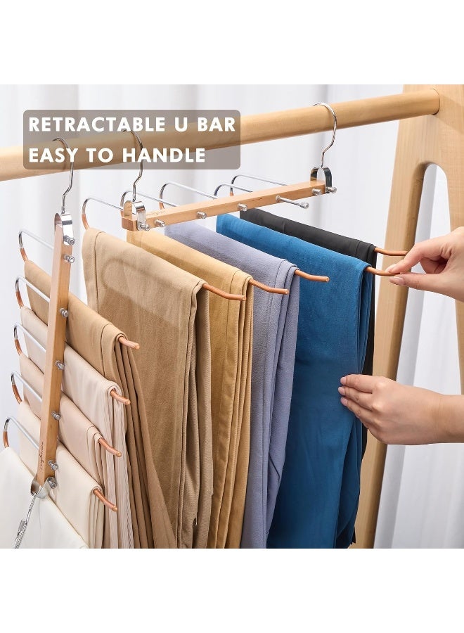 HOUSE DAY مجموعة 2 من شماعات السراويل الطبيعية من هاوس داي، شماعات خشبية للسراويل، توفير المساحة، شماعات متعددة الوظائف للسراويل، منظم سراويل متعدد الاستخدامات لتوفير المساحة في الخزانة. - Image 5