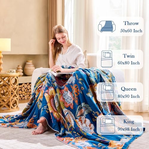 XIBLC Boho Throw Blanket, Blue Lightweight Blankets for Summer, 100% Cotton Bohemian Decorative Throw Blanket, 90"x98" Reversible Muslin Breathable Woven Farmhouse Blankets Quilt, - Image 3