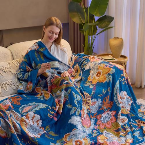 XIBLC Boho Throw Blanket, Blue Lightweight Blankets for Summer, 100% Cotton Bohemian Decorative Throw Blanket, 90"x98" Reversible Muslin Breathable Woven Farmhouse Blankets Quilt, - Image 5