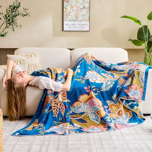 XIBLC Boho Throw Blanket, Blue Lightweight Blankets for Summer, 100% Cotton Bohemian Decorative Throw Blanket, 90"x98" Reversible Muslin Breathable Woven Farmhouse Blankets Quilt, - Image 4