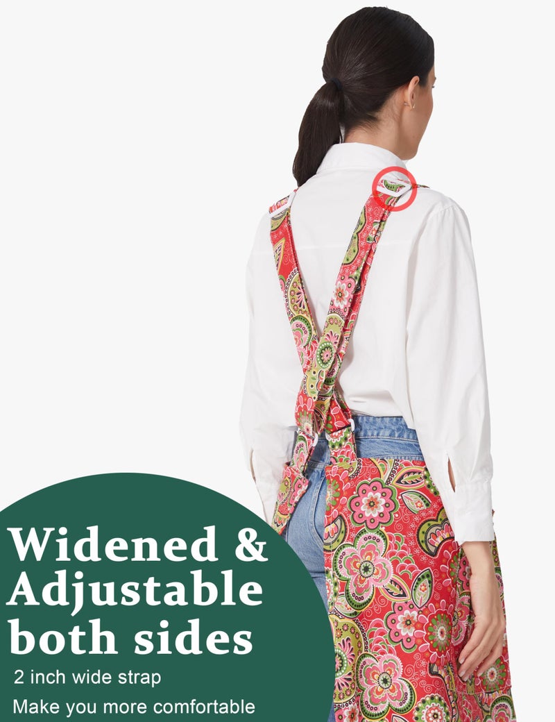 APRONNER Cozy Adjustable Cross Back Aprons for Women with Pockets Cotton Linen Cooking Kitchen Baking Red Flowers - Image 4