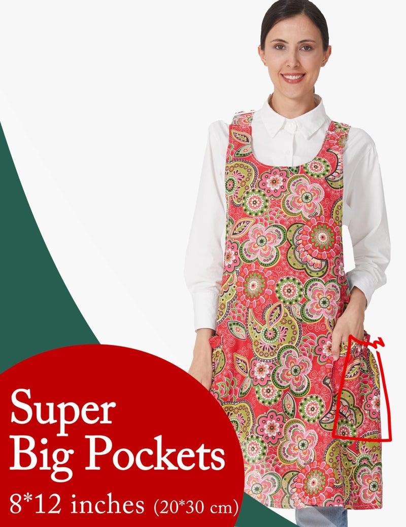 APRONNER Cozy Adjustable Cross Back Aprons for Women with Pockets Cotton Linen Cooking Kitchen Baking Red Flowers - Image 3