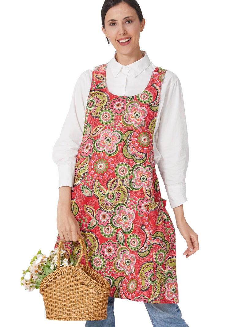 APRONNER Cozy Adjustable Cross Back Aprons for Women with Pockets Cotton Linen Cooking Kitchen Baking Red Flowers - Image 1