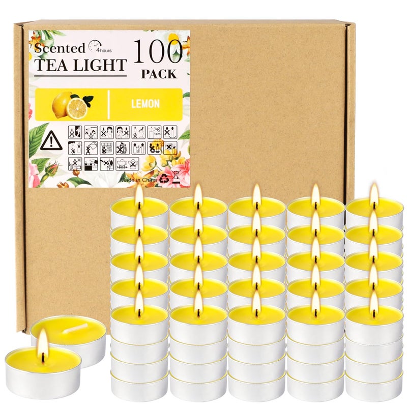 fclayvts 100 Pack Scented Tealight Candles - 4 Hours Burning Lemon Aromatherapy | Valentine's Day Romantic Dinner & New Year Home Decor, Yellow Votive Candles for Wedding, Holiday Gift & Emergency (Yellow) - Image 1