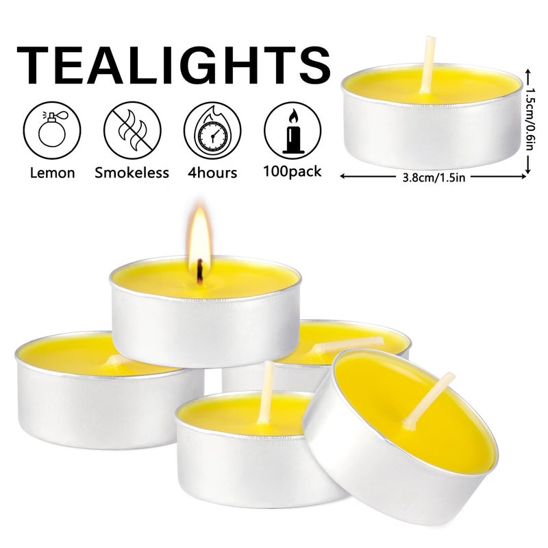 fclayvts 100 Pack Scented Tealight Candles - 4 Hours Burning Lemon Aromatherapy | Valentine's Day Romantic Dinner & New Year Home Decor, Yellow Votive Candles for Wedding, Holiday Gift & Emergency (Yellow) - Image 4