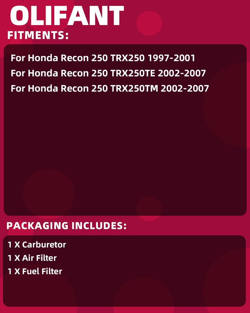 OLIFANT Carburetor For Honda Recon 250 1997-2007 TRX250TE TRX250TM 2002-2007 With Air Filter - Image 2