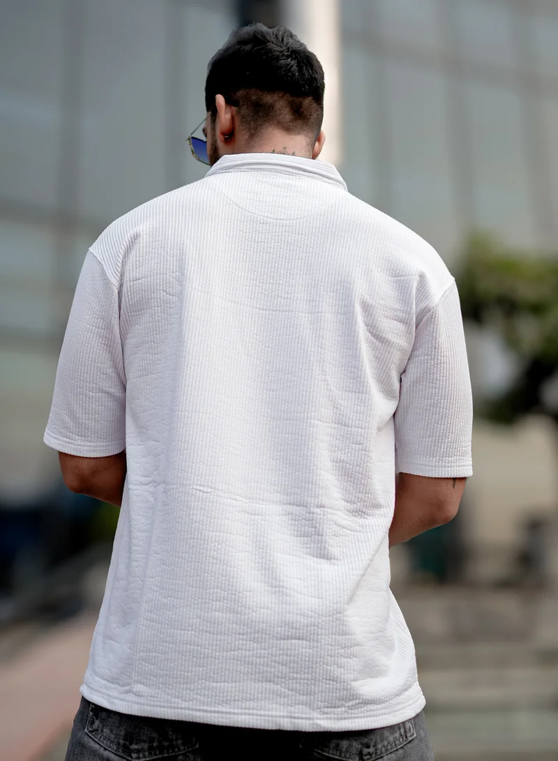 مانياك Maniac Mens Solid Polo Neck 3/4th Sleeve White Half Zipper Poly Cotton Polo T-Shirt