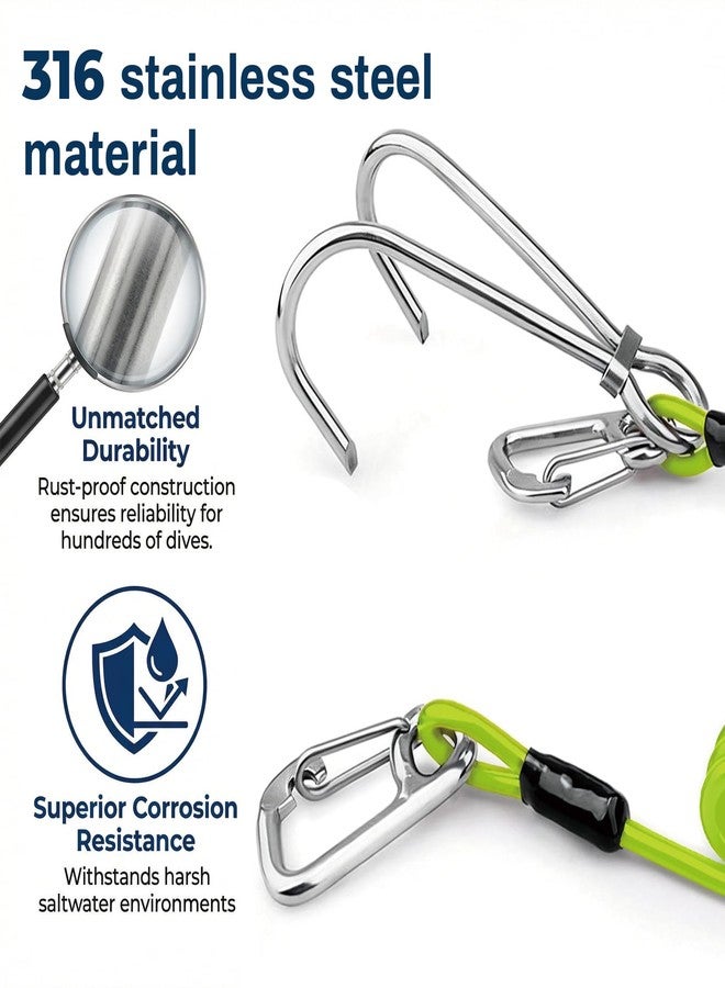 Rigrig Scuba Diving Reef Hook - 316 Stainless Steel Double Reef Cord Hook with Anti-seawater Corrosion & Retractable Lanyard for Dive Safety (Green) - Image 2