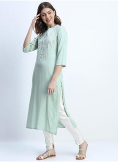 Vishudh Women Green Floral Embroidered Kurta  - Image 2