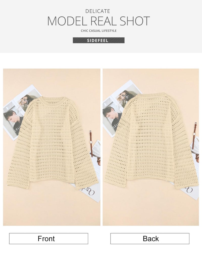 Sidefeel Womens Sweaters 2025 Crewneck Cute Elegant Soft Long Sleeve Hollow Knit Pullover Tops Beige Small - Image 4