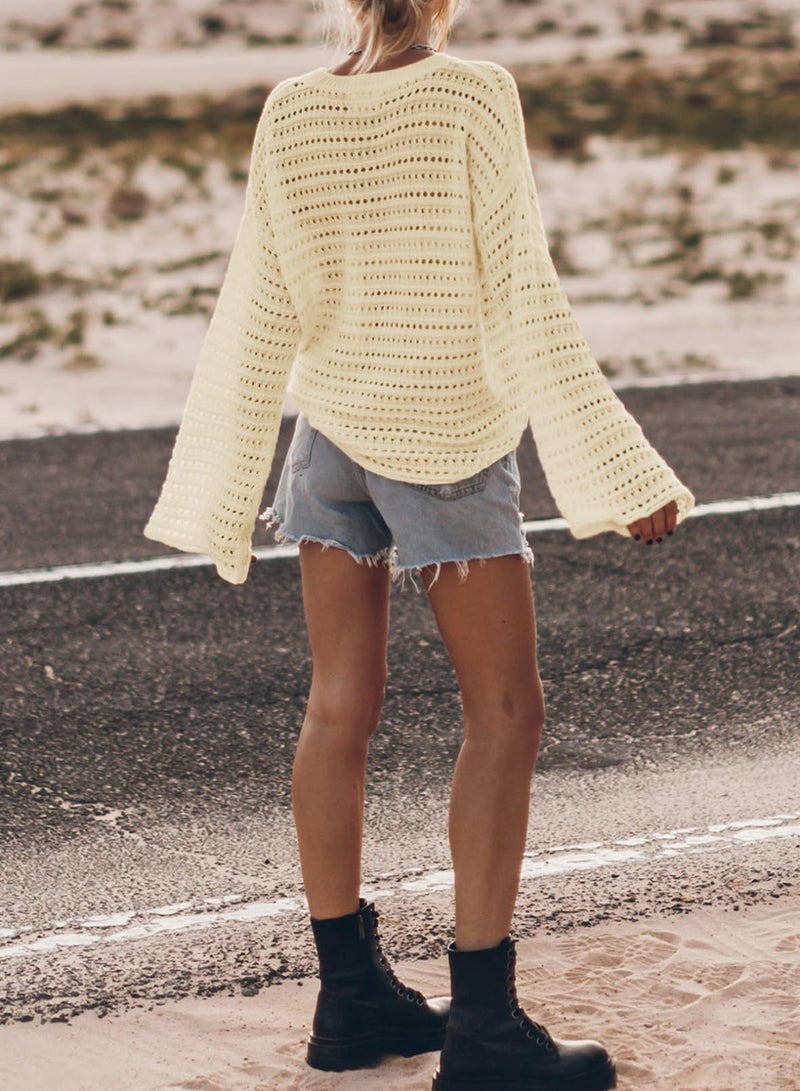 Sidefeel Womens Sweaters 2025 Crewneck Cute Elegant Soft Long Sleeve Hollow Knit Pullover Tops Beige Small - Image 3
