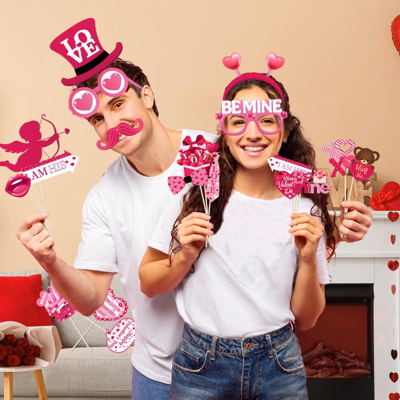 ILUIGGW Valentines Photo Props, 42Pcs Pink Valentines Day Decorations Includes Love Banner and Cupid XOXO Heart Photo Booth Props, Valentine's Day Photo Props for Wedding Anniversary Engagements - Image 2