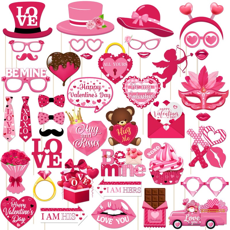 ILUIGGW Valentines Photo Props, 42Pcs Pink Valentines Day Decorations Includes Love Banner and Cupid XOXO Heart Photo Booth Props, Valentine's Day Photo Props for Wedding Anniversary Engagements - Image 1