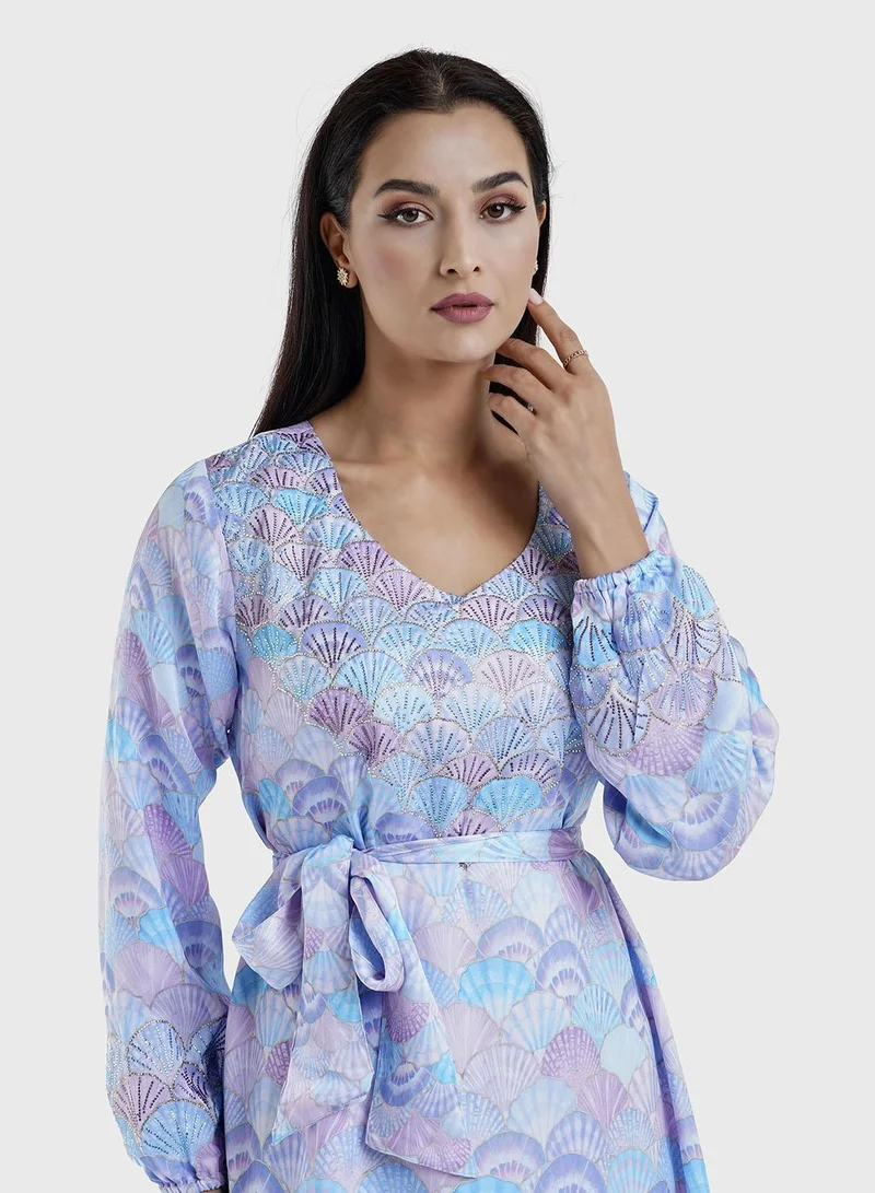 كشخة فستان بطبعة صدف أزرق رقمي