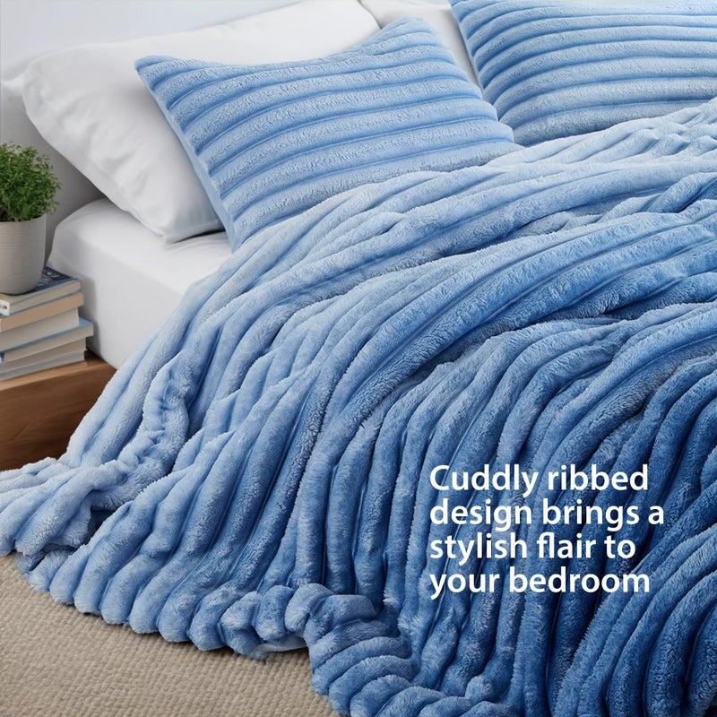 Regency Heights Cuddly Ribbed Fluffy Comforter Set Queen Size, Super Soft Plush Fleece Bedding Set, Warm Fuzzy Comforter with Matching Shams, All-Season Cozy 3-Piece Bed Set, Blue Ombre - Image 2