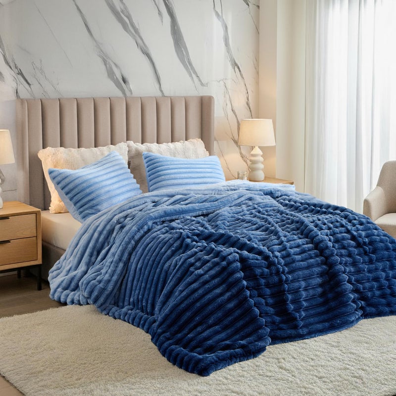 Regency Heights Cuddly Ribbed Fluffy Comforter Set Queen Size, Super Soft Plush Fleece Bedding Set, Warm Fuzzy Comforter with Matching Shams, All-Season Cozy 3-Piece Bed Set, Blue Ombre - Image 1