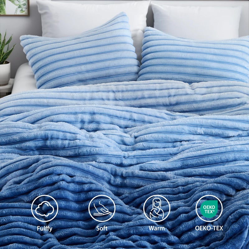 Regency Heights Cuddly Ribbed Fluffy Comforter Set Queen Size, Super Soft Plush Fleece Bedding Set, Warm Fuzzy Comforter with Matching Shams, All-Season Cozy 3-Piece Bed Set, Blue Ombre - Image 3