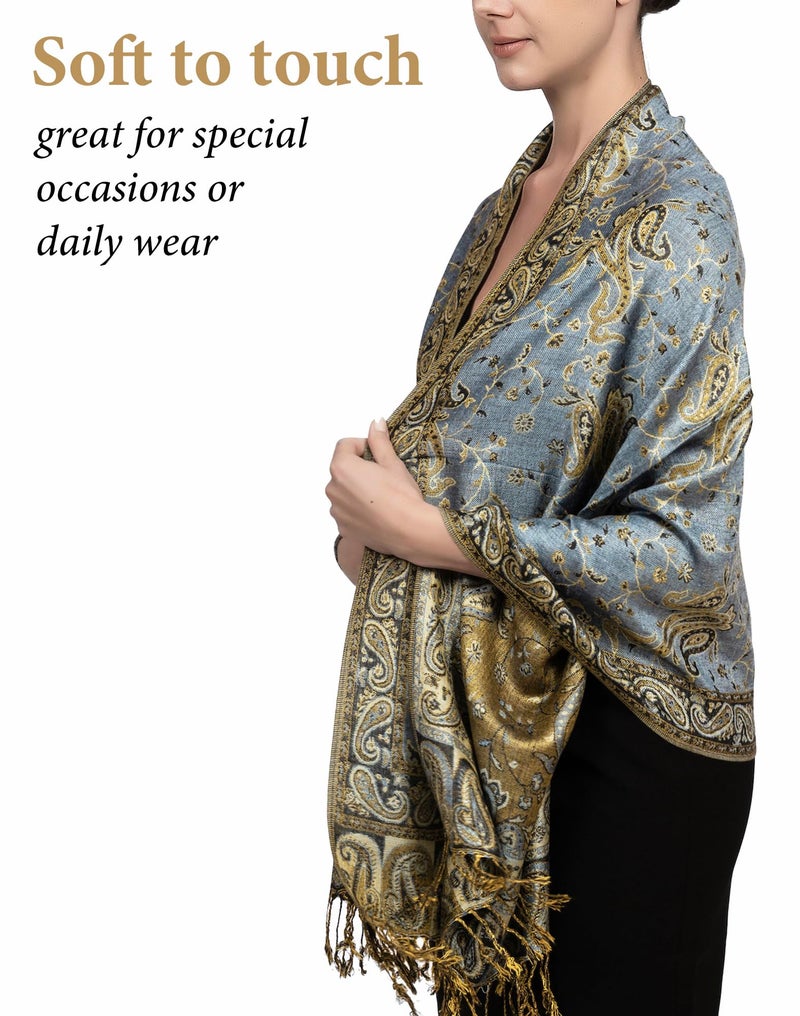 Achillea شال باهظ من الباشمينا القابل للعكس بتصميم بايسلي ناعم وحريري مع أطراف (أزرق فولاذي) - Image 4