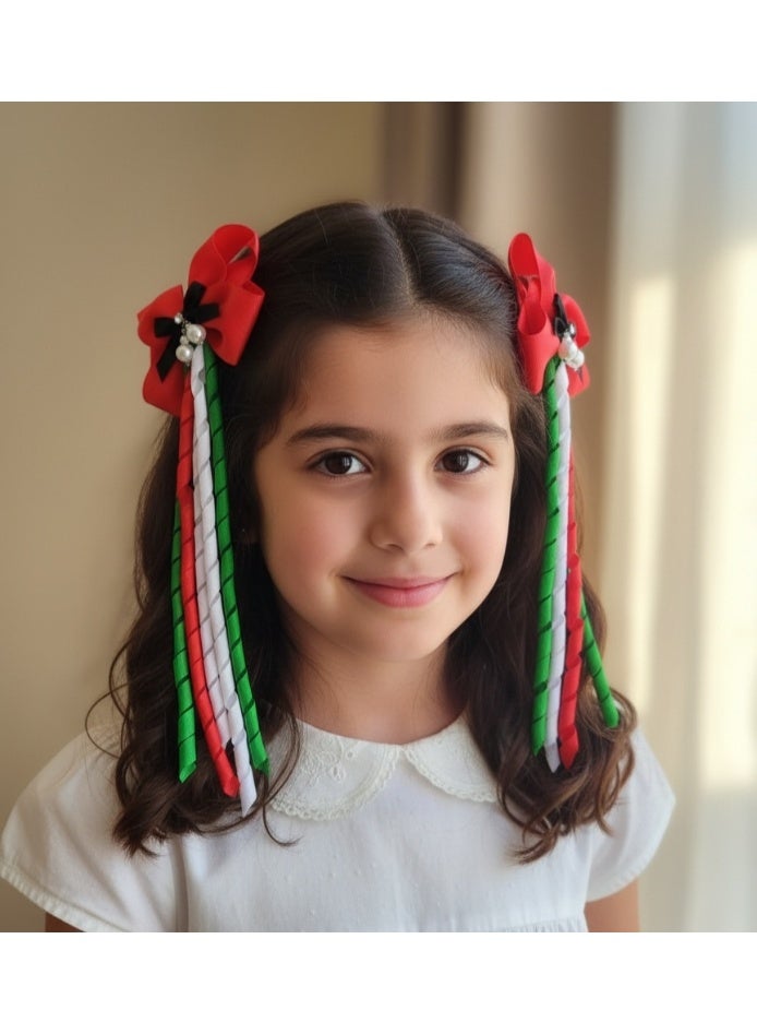 داديز أنجل إكسسوارات الشعر بمناسبة اليوم الوطني لدولة الإمارات العربية المتحدة، مشابك شعر على شكل فيونكة للبنات، قطعتين، أحمر، أخضر، أبيض، أسود، ألوان علم الإمارات. - Image 2