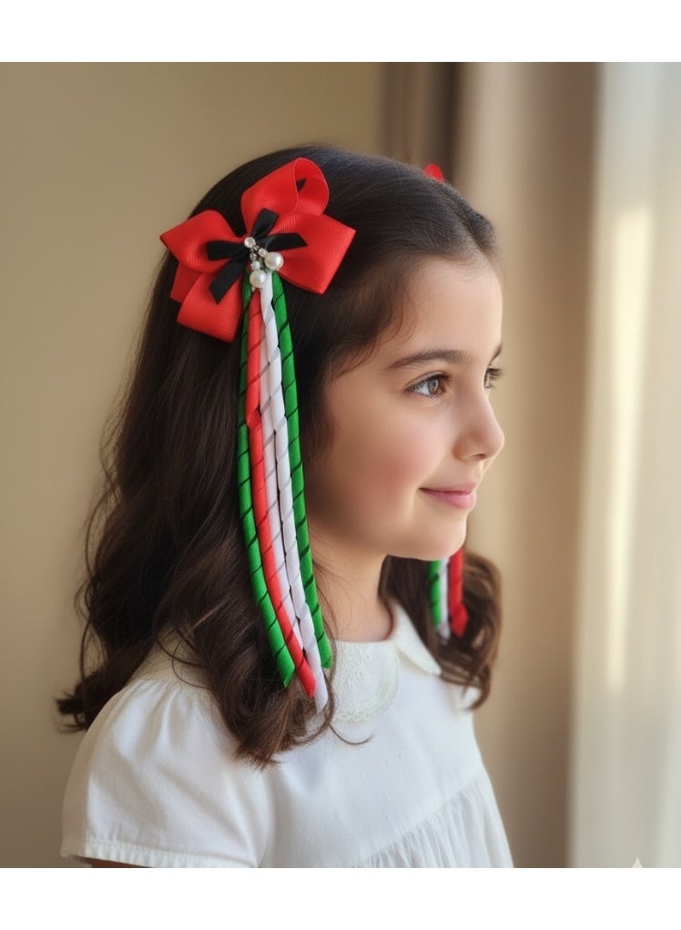 داديز أنجل إكسسوارات الشعر بمناسبة اليوم الوطني لدولة الإمارات العربية المتحدة، مشابك شعر على شكل فيونكة للبنات، قطعتين، أحمر، أخضر، أبيض، أسود، ألوان علم الإمارات. - Image 3