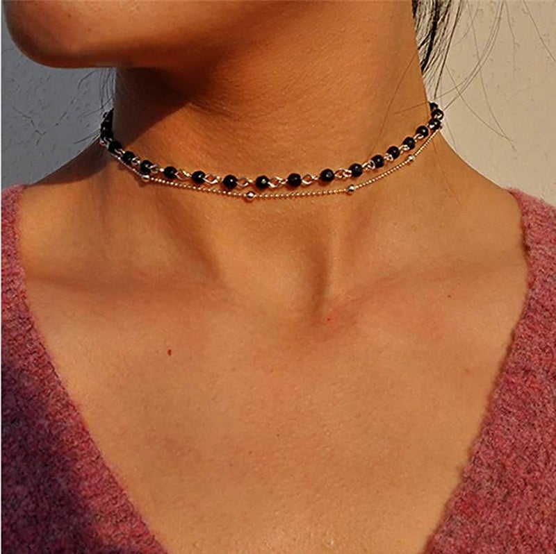 Yalice Beaded Choker Necklace Dainty Opal Birthstone Chokers Necklaces Jewelry for Women (Silver-Black) - Image 2